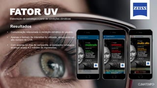 FATOR UV
Elaboração de estratégia a partir de condições climáticas
• Comunicação relacionada à condição climática do usuário.
• Apenas o formato de Interstitial foi utilizado, alcançando um
alto número de CTR.
• Com apenas 22 dias de campanha, a campanha conseguiu
alcançar quase 4,2 milhões de impressões.
Resultados
 