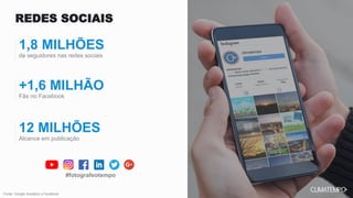 REDES SOCIAIS
1,8 MILHÕES
de seguidores nas redes sociais
+1,6 MILHÃO
Fãs no Facebook
#fotografeotempo
Fonte: Google Analytics e Facebook
12 MILHÕES
Alcance em publicação
 