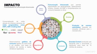 IMPACTO
Possibilidades de comunicação direcionada
Comunicação direcionada que permite
segmentação por geolocalização, deslocamento
turístico, clusters via DMP e comportamentos de
consumo baseado no clima.
Branded Content produzido sob
demanda para o anunciante, e
distribuído para mais de 15
milhões de usuários.
Comercialização de mídia
através de diversos parceiros de
mídia programática, como
DSPs, SSP e trading desk
Produção de eventos
setorizados, baseado em
soluções climáticas para o
mercado alvo.
Desenvolvemos gatilhos de
consumo ligados ao clima local
e um produto, com base no
histórico de vendas e dados
climáticos registrados.
Conteúdo
Eventos
Mídia
Direta
Programático
Algoritimos
 