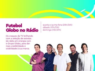 Futebol
Globo no Rádio
Os craques da TV brilhando
com a seleção de estrelas
do rádio em sinergia com
o Grupo Globo, para dar
mais credibilidade e
visibilidade à sua marca.
quarta e quinta-feira (20h/24h)
sábado (17h/21h)
domingo (15h/21h)
 