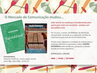 Estar atento às mudanças é fundamental para
quem quer estar em constante contato com
seu público alvo.
Por 31 anos, a revista NUTRINEWS, foi distribuída
mensalmente, tornando-se a publicação símbolo do
Food Service para mais de 45 mil leitores/mês.
Há dois anos, migramos o conteúdo de notícias para o
ambiente eletrônico e passamos a editar, EDIÇÕES
REFERÊNCIA sobre tendências, pesquisas e estudos
focados em temas específicos.
IMPRESSAS e ONLINE
ABRIL | JULHO | OUTUBRO
Características
Tamanho 21x28 cm, 4 cores, papel couchê,
miolo 90g, capa 120g + verniz UV
O Mercado de Comunicação mudou...
 