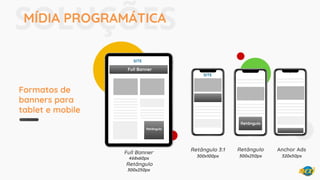 Retângulo
Full Banner
468x60px
Retângulo
300x250px
Retângulo 3:1
300x100px
Retângulo
300x250px
Retângulo 3:1
Full
Banner
Full Banner
Anchor Ads
320x50px
Mobile Banner
Retângulo
Formatos de
banners para
tablet e mobile
SOLUÇÕESMÍDIA PROGRAMÁTICA
SITE
SITE
Retângulo
 