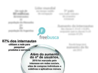 87% dos internautas
   utilizam a rede para
         pesquisar
   produtos e serviços

                      Além do aumento
                      do nº de usuários,
                         2010 foi marcado pelo
                      interesse em redes sociais,
                    sites de compras individuais e
                    coletivas e aplicativos móveis
 
