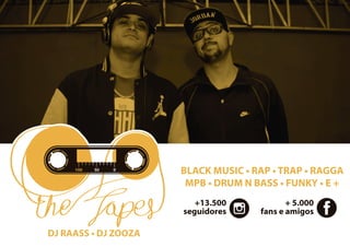 DJ RAASS • DJ ZOOZA
BLACK MUSIC • RAP • TRAP • RAGGA
MPB • DRUM N BASS • FUNKY • E +
+13.500
seguidores
+ 5.000
fans e amigos
 
