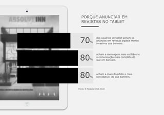 PORQUE ANUNCIAR EM
REVISTAS NO TABLET
70%
dos usuários de tablet acham os
anúncios em revistas digitais menos
invasivos que banners.
80%
acham a mensagem mais confiável e
a comunicação mais completa do
que em banners.
80%
acham a mais divertido e mais
convidativo do que banners.
(Fonte: E-Marketer USA 2012)
 