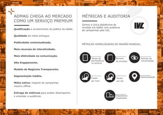 Qualificação e envolvimento do público do tablet.
Qualidade da mídia entregue.
Publicidade contextualizada.
Mais recursos de interatividade.
Mais efetividade na comunicação.
Alto Engajamento.
Modelo de Negócios Transparente.
Segmentação inédita.
Mídia nativa: impacto de campanhas
mesmo offline.
Entrega de métricas para avaliar desempenho
e entender a audiência.
ADMAG CHEGA AO MERCADO
COMO UM SERVIÇO PREMIUM
Somos a única plataforma de
revistas em tablet com auditoria
de campanhas pelo IVC.
MÉTRICAS HOMOLOGADAS DE PADRÃO MUNDIAL:
Tempo de
permanência
no anúncio
Número
de encartes
Número de
visualizações
Escala
por hora
Escala
por dia
Geolocalização
Dispositivos
impactados
MÉTRICAS E AUDITORIA
 