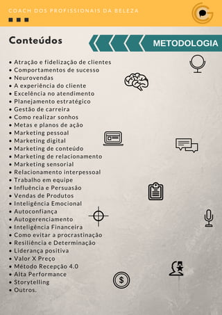 • Atração e fidelização de clientes
• Comportamentos de sucesso
• Neurovendas
• A experiência do cliente
• Excelência no atendimento
• Planejamento estratégico
• Gestão de carreira
• Como realizar sonhos
• Metas e planos de ação
• Marketing pessoal
• Marketing digital
• Marketing de conteúdo
• Marketing de relacionamento
• Marketing sensorial
• Relacionamento interpessoal
• Trabalho em equipe
• Influência e Persuasão
• Vendas de Produtos
• Inteligência Emocional
• Autoconfiança
• Autogerenciamento
• Inteligência Financeira
• Como evitar a procrastinação
• Resiliência e Determinação
• Liderança positiva
• Valor X Preço
• Método Recepção 4.0
• Alta Performance
• Storytelling
• Outros.
Conteúdos
C O A C H D O S P R O F I S S I O N A I S D A B E L E Z A
METODOLOGIA
 
