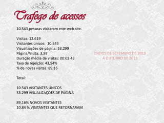 10.543 pessoas visitaram este web site.
Visitas: 12.619
Visitantes únicos: 10.543
Visualizações de página: 53.299
Página/Visita: 3,98
Duração média de visitas: 00:02:43
Taxa de rejeição: 43,54%
% de novas visitas: 89,16
Total:
10.543 VISITANTES ÚNICOS
53.299 VISUALIZAÇÕES DE PÁGINA
89,16% NOVOS VISITANTES
10,84 % VISITANTES QUE RETORNARAM

DADOS DE SETEMBRO DE 2013
Á OUTUBRO DE 2013.

 