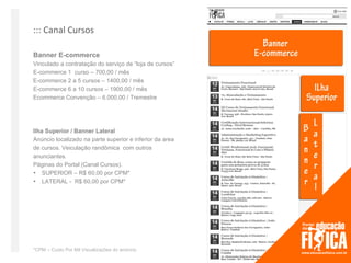 ::: Canal Cursos

Banner E-commerce
Vinculado a contratação do serviço de “loja de cursos”
E-commerce 1 curso – 700,00 / mês
E-commerce 2 a 5 cursos – 1400,00 / mês
E-commerce 6 a 10 cursos – 1900,00 / mês
Ecommerce Convenção – 6.000,00 / Tremestre




Ilha Superior / Banner Lateral
Anúncio localizado na parte superior e inferior da area
de cursos. Veiculação randômica com outros
anunciantes.
Páginas do Portal (Canal Cursos).
SUPERIOR – R$ 60,00 por CPM*
LATERAL - R$ 60,00 por CPM*




*CPM – Custo Por Mil Visualizações do anúncio
 