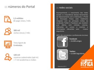 ::: números do Portal                 ::: redes sociais
                                      Acompanhando o crescimento das redes
                                      sociais e a importância dessas ferramentas
                                      de relacionamento com o Internauta, o Portal
      1,5 milhões                     da Educação Física está totalmente
      de page views / mês             integrado com as principais mídias da
                                      atualizade Twitter e Facebook que recebem
                                      post diários com notícias, colunas,
                                      chamadas de cursos e eventos e
                                      informações relevantes para          nossos
      300 mil                         seguidores.
      visitas únicas / mês
                                      (95% são estudantes e profissionais da área)

                                                        Facebook:
                                                        + 16.000 amigos
      Time Spent de
      6 minutos

                                                        Twitter:
                                                        + 13.000 Seguidores
      120 mil
      usuários cadastrados (opt-in)
      + 7 mil academias e clubes


                                       Setembro/2011
 