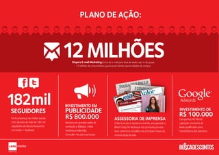 PLANO DE AÇÃO:



                                    12 MILHÕES
                                          Disparo E-mail Marketing: Envio de e-mail para base de dados opt-in do grupo.
                                              12 milhões de consumidores que buscam ótimas oportunidades de compra.




182mil                              INVESTIMENTO EM
                                    PUBLICIDADE
                                                                                                                                      Adwords
                                                                                                                                      INVESTIMENTO DE
SEGUIDORES                                                                                                                            R$ 100.000
Forte presença nas mídias sociais   R$ 800.000                                   ASSESSORIA DE IMPRENSA                               Campanhas Ad Words:
Com alcance de mais de 182 mil      Banners em grandes redes de                  Cobertura pós e durante o evento, ano passado o      captação constante de
seguidores do Busca Descontos       conteúdo e afiliados, midia                  Black Friday foi destaque nos principais jornais e   leads qualificados para
no twitter + facebook.              impressa e televisão.                        teve cobertura completa nos principais meios de      transferência dos parceiros
                                    Consulte-nos para participar.                comunicação do país.
 