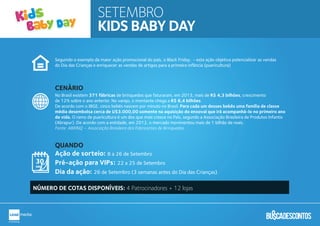 SETEMBRO
KIDS BABY DAY
Seguindo o exemplo da maior ação promocional do país, o Black Friday, - esta ação objetiva potencializar as vendas
do Dia das Crianças e enriquecer as vendas de artigos para a primeira infância (puericultura)
No Brasil existem 371 fábricas de brinquedos que faturaram, em 2013, mais de R$ 4,3 bilhões, crescimento
de 12% sobre o ano anterior. No varejo, o montante chega a R$ 8,4 bilhões.
De acordo com o IBGE, cinco bebês nascem por minuto no Brasil. Para cada um desses bebês uma família de classe
média desembolsa cerca de U$3.000,00 somente na aquisição do enxoval que irá acompanhá-lo no primeiro ano
de vida. O ramo de puericultura é um dos que mais cresce no País, segundo a Associação Brasileira de Produtos Infantis
(Abrapur). De acordo com a entidade, em 2012, o mercado movimentou mais de 1 bilhão de reais.
Fonte: ABRINQ – Associação Brasileira dos Fabricantes de Brinquedos.
NÚMERO DE COTAS DISPONÍVEIS: 4 Patrocinadores + 12 lojas
Ação de sorteio: 8 a 26 de Setembro
Pré-ação para VIPs: 22 a 25 de Setembro
Dia da ação: 26 de Setembro (3 semanas antes do Dia das Crianças)
QUANDO
CENÁRIO
 