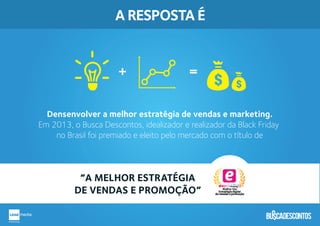 Densenvolver a melhor estratégia de vendas e marketing.
Em 2013, o Busca Descontos, idealizador e realizador da Black Friday
no Brasil foi premiado e eleito pelo mercado com o título de
A RESPOSTA É
=+
“A MELHOR ESTRATÉGIA
DE VENDAS E PROMOÇÃO”
 