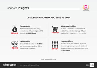Uma empresa do Grupo LeadMedia LEAD
Market Insights
CRESCIMENTO DO MERCADO 2013 vs. 2014
Fonte: Webshoppers2014
Faturamento
A estimativa é de que o setor cresça,
nominalmente, 20%, em relação a 2013,
faturando R$ 34,6 bilhões.
E-consumidores
Até o ﬁnal do ano, mais 9 milhões de pessoas
devem começar a comprar através da internet,
elevando o número total de consumidores únicos
para 60 milhões.
Ticket Médio
O ticket médio deve ﬁcar em R$ 310, o
que representa uma queda de -5%, se
comparado ao ano anterior.
Número de Pedidos
Em 2014, a expectativa é que o número de
pedidos feitos pela internet cresça 26%, em
relação a 2013, chegando a 111,54 milhões.R$34,6Bi 111,54MM
R$310 60MM
 