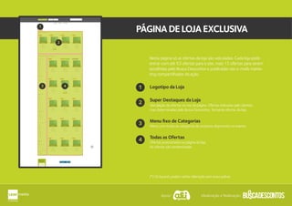 PÁGINADELOJAEXCLUSIVA
Super Destaques da Loja
Menu ﬁxo de Categorias
Veiculação de ofertas no top da página. Ofertas indicadas pelo clientes,
mas determinadas pelo Busca Descontos. Somente ofertas da loja.
Menu com todas as categorias de produtos disponíveis no evento.
Todas as Ofertas
Ofertas posicionadas na página da loja.
As ofertas são randomizadas
2
Logotipo da Loja1
4
3
2
1
3 4
Apoio: Idealização e Realização:
(*) Os layouts podem sofrer alteração sem aviso prévio
Nesta página só as ofertas da loja são veiculadas. Cada loja pode
entrar com até 53 ofertas para o site, mais 15 ofertas para serem
escolhidas pelo Busca Descontos e publicadas nos e-mails marke-
ting compartilhados da ação.
 