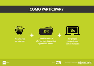 COMO PARTICIPAR?COMO PARTICIPAR?
Oferecer até 53
ofertas com descontos
agressivos e reais
Ter preços
competitivos
com o mercado
-$%
Ter uma loja
na internet
@ @@
Apoio: Idealização e Realização:
 