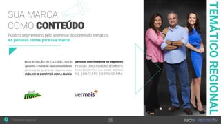 Apresentação: Ricardo “Salsicha”Conteúdo regional
TEMÁTICOREGIONAL
SUA MARCA
COMO CONTEÚDO
Público segmentado pelo interesse do conteúdo temático.
As pessoas certas para sua marca!
Conteúdo regional 25
 