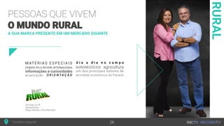 Apresentação: Ricardo “Salsicha”Temático regional
RURAL
A SUA MARCA PRESENTE EM UM MERCADO GIGANTE
PESSOAS QUE VIVEM
O MUNDO RURAL
Domingo, às 9h
Apresentação:
Sérgio Mendes e Rosi Machado
26
 