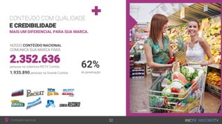 Conteúdo nacional
NOSSO CONTEÚDO NACIONAL
COMUNICA SUA MARCA PARA
1.935.890 pessoas na Grande Curitiba
2.352.636pessoas na cobertura RICTV Curitiba
CONTEÚDO COM QUALIDADE
E CREDIBILIDADE
MAIS UM DIFERENCIAL PARA SUA MARCA.
32
62%
de penetração
 