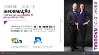 JORNALISMONACIONAL
PARA SUA MARCA CONQUISTAR OS
MELHORES RESULTADOS
CREDIBILIDADE E
INFORMAÇÃO
Conteúdo nacional
Segunda a sexta, às 21h45 e sábado, às 19h45
Apresentação: Adriana Araújo e Celso Freitas
Segunda a sexta, às 8h55 e sábado, às 7h
Apresentação: Roberta Piza e Carla Cecato
33
 