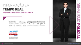 Conteúdo nacional
JORNALISMOPOLICIAL
PARA FIDELIZAR O PÚBLICO DA SUA MARCA
INFORMAÇÃO EM
TEMPO REAL
Segunda a sexta, às 6h30
Apresentação: Luiz Bacci
36
 