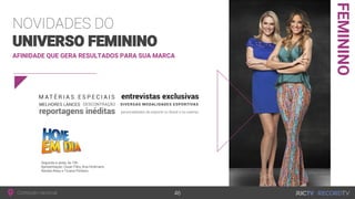 Conteúdo nacional
FEMININO
AFINIDADE QUE GERA RESULTADOS PARA SUA MARCA
NOVIDADES DO
UNIVERSO FEMININO
Segunda a sexta, às 10h
Apresentação: Cesar Filho, Ana Hickmann,
Renata Alves e Ticiane Pinheiro
46
 