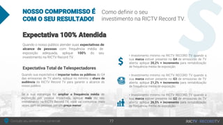 NOSSO COMPROMISSO É
COM O SEU RESULTADO!
Expectativa 100% Atendida
Quando o nosso público atender suas expectativas de
alcance de pessoas com frequência média de
exposição adequada, aplique 100% do seu
investimento na RICTV Record TV.
Como definir o seu
investimento na RICTV Record TV.
Consulte seu atendimento comercial!
Quando sua expectativa é impactar todos os públicos do G4
das emissoras de TV aberta, aplique no mínimo o share de
audiência da RICTV Record TV para garantir o alcance do
nosso público.
Se a sua estratégia for ampliar a frequência média de
exposição por pessoa impactada, aplique mais do seu
investimento na RICTV Record TV, você vai comunicar mais
vezes com as pessoas por um preço menor.
Expectativa Total de Telespectadores
• Investimento mínimo na RICTV RECORD TV quando a
sua marca estiver presente no G4 de emissoras de TV
aberta: aplique 20,2% + incremento para rentabilização
de frequência média de exposição.
• Investimento mínimo na RICTV RECORD TV quando a
sua marca estiver presente no G3 de emissoras de TV
aberta: aplique 21,2% + incremento para rentabilização
de frequência média de exposição.
• Investimento mínimo na RICTV RECORD TV quando a
sua marca estiver presente no G2 de emissoras de TV
aberta: aplique 26,5% + incremento para rentabilização
de frequência média de exposição.
77
 