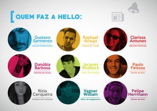 Gustavo
Sarmento
Gerente Administrativo
Raphael
Araujo
Rízia
Cerqueira
Jacques
Wolbeck
Clarissa
Antunes
Danúbia
Barbosa
Gerente de Contas
Gestor de Conteúdo
Paulo
Feitosa
Diretor de ArteGerente de Cursos
Produtora de Conteúdo
Felipe
Herrmann
Diretor de Arte
Vagner
William
Editor de Engajamento
Gerente Comercial
 