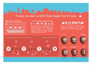Porque anunciar na GM7 Mídia Digital Out Of Home
    Audiência Segmentada:

2
                                            Os mais seletos pontos de mídia:
    Milhões de espectadores/mês, e forte
    presença nas classes AA, A e AB.

                                           Monitores instalados estrategicamente em         Monitores em locais que registram grande
                                           estabelecimentos que são referência em           tempo     de   permanência     das  pessoas,
                                           seus     segmentos,     como     restaurantes,   potencializando a exposição da mensagem:
                                           academias, padarias, centros estéticos,
                                           hospitais, farmácias, aeroportos, shoppings,
                                           edifícios empresariais e outros;
                                                                                                                                  BARES
                                                                                             ACADEMIAS         BELEZA          RESTAURANTES




                                                                                               CAFÉS         ED. COMERCIAIS          MALL
                                                                                              PADARIAS        ELEVADORES
 