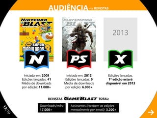 AUDIÊNCIA via REVISTAS


                                                                 2013




      Iniciada em: 2009            Iniciada em: 2012         Edições lançadas:
     Edições lançadas: 41         Edições lançadas: 9         1ª edição estará
     Média de downloads           Média de downloads        disponível em 2013
     por edição: 11.000+          por edição: 6.000+


                      REVISTAS                          TOTAL:

                 Downloads/mês:       Assinantes (recebem as edições
11




                 17.000+              mensalmente por email): 3.200+
/1
 9
 