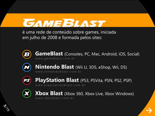 é uma rede de conteúdo sobre games, iniciada
     em julho de 2008 e formada pelos sites:


           GameBlast (Consoles, PC, Mac, Android, iOS, Social)
           www.gameblast.com.br


           Nintendo Blast (Wii U, 3DS, eShop, Wii, DS)
           www.nintendoblast.com.br


           PlayStation Blast (PS3, PSVita, PSN, PS2, PSP)
           www.playstationblast.com.br


           Xbox Blast (Xbox 360, Xbox Live, Xbox Windows)
           www.xboxblast.com.br
3/
19
 