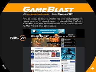 URL: www.gameblast.com.br        Desde: Novembro/2011

              Porta de entrada da rede, o GameBlast traz todas as atualizações dos
              blogs e fóruns, os principais destaques do Nintendo Blast, PlayStation
              Blast e Xbox Blast, além de conteúdo sobre outras plataformas como
              PC, Mac, Android, iOS e games sociais.




     PORTAL
7/
19
 