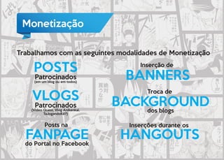 Monetização
Trabalhamos com as seguintes modalidades de Monetização
POSTS
Patrocinados
(em um blog ou em todos)
VLOGS
Patrocinados
(Video Quest, Vlog Anikenkai,
TaJogandoKê?)
 