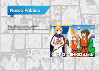 Nosso Público
Gostos, idade, interesses e localização
obtidos com base em questionário
realizado no portal durante o mês de abril de 2014
 