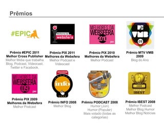 Prêmios




   Prêmio #EPIC 2011      Prêmio PIX 2011        Prêmio PIX 2010       Prêmio MTV VMB
Melhor Cross Publisher Melhores da Websfera    Melhores da Websfera          2009
Melhor Midia que trabalha Melhor Podcast e        Melhor Podcast          Blog do Ano
Blog, Podcast, Videocast,    Videocast
   Twitter e Facebook.




  Prêmio PIX 2009
Melhores da Websfera    Prêmio INFO 2008      Prêmio PODCAST 2008      Prêmio IBEST 2008
   Melhor Podcast          Melhor Blog             Humor (Júri)          Melhor Podcast
                                                 Humor (Popular)       Melhor Blog Humor
                                               Mais votado (todas as   Melhor Blog Notícias
                                                    categorias)
 