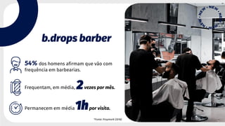 54% dos homens afirmam que vão com
frequência em barbearias.
Frequentam, em média,
Permanecem em média
vezes por mês.
2
1hpor visita.
*Fonte: Propmark (2018)
b.drops barber
 