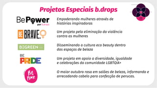 Projetos Especiais b.drops
Empoderando mulheres através de
histórias inspiradoras
Um projeto pela eliminação da violência
contra as mulheres
Disseminando a cultura eco beauty dentro
dos espaços de beleza
Um projeto em apoio a diversidade, igualdade
e celebrações da comunidade LGBTQIA+
O maior outubro rosa em salões de beleza, informando e
arrecadando cabelo para confecção de perucas.
 