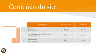 Conteúdo do site
FORMATOS REAIS/CPM* TAMANHO
A
Megabanner
728 x 90 pixel
R$ 25 25 kb
B
Arranha-céus lateral/ Skyscraper
120/160 x 600 pixel
R$ 20 30 kb
C
Robapáginas
300 x 250 pixel
R$ 35 25 kb
*CPM: custo por mil impressões
 
