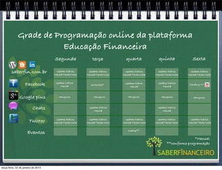 Grade de Programação online da plataforma
                         Educação Financeira
                                        Segunda                terça             quarta              quinta               Sexta

        saberfin.com.br                 updates Diários
                                       Manhã/Tarde/Noite
                                                            updates Diários
                                                           Manhã/Tarde/Noite
                                                                                updates Diários
                                                                               Manhã/Tarde/Noite
                                                                                                    updates Diários
                                                                                                   Manhã/Tarde/Noite
                                                                                                                        updates Diários
                                                                                                                       Manhã/Tarde/Noite


                    Facebook            updates Diários
                                           Manhã              entrevista*
                                                                                updates Diários
                                                                                   Manhã
                                                                                                     updates Diários
                                                                                                        Manhã
                                                                                                                        trending TV




               Google plus                 Hangouts             Hangouts          Hangouts             Hangouts            Hangouts



                          Chats                              updates Diários
                                                                Manhã
                                                                                                     updates Diários
                                                                                                        Manhã



                       Twitter          updates Diários
                                       Manhã/Tarde/Noite
                                                            updates Diários
                                                           Manhã/Tarde/Noite
                                                                                updates Diários
                                                                               Manhã/Tarde/Noite
                                                                                                    updates Diários
                                                                                                   Manhã/Tarde/Noite
                                                                                                                        updates Diários
                                                                                                                       Manhã/Tarde/Noite


                                                                                   meetup**
                      Eventos
                                                                                                                           *Mensal
                                                                                                            **conforme programação




                                      updates Diários
terça-feira, 22 de janeiro de 2013   Manhã/Tarde/Noite
 