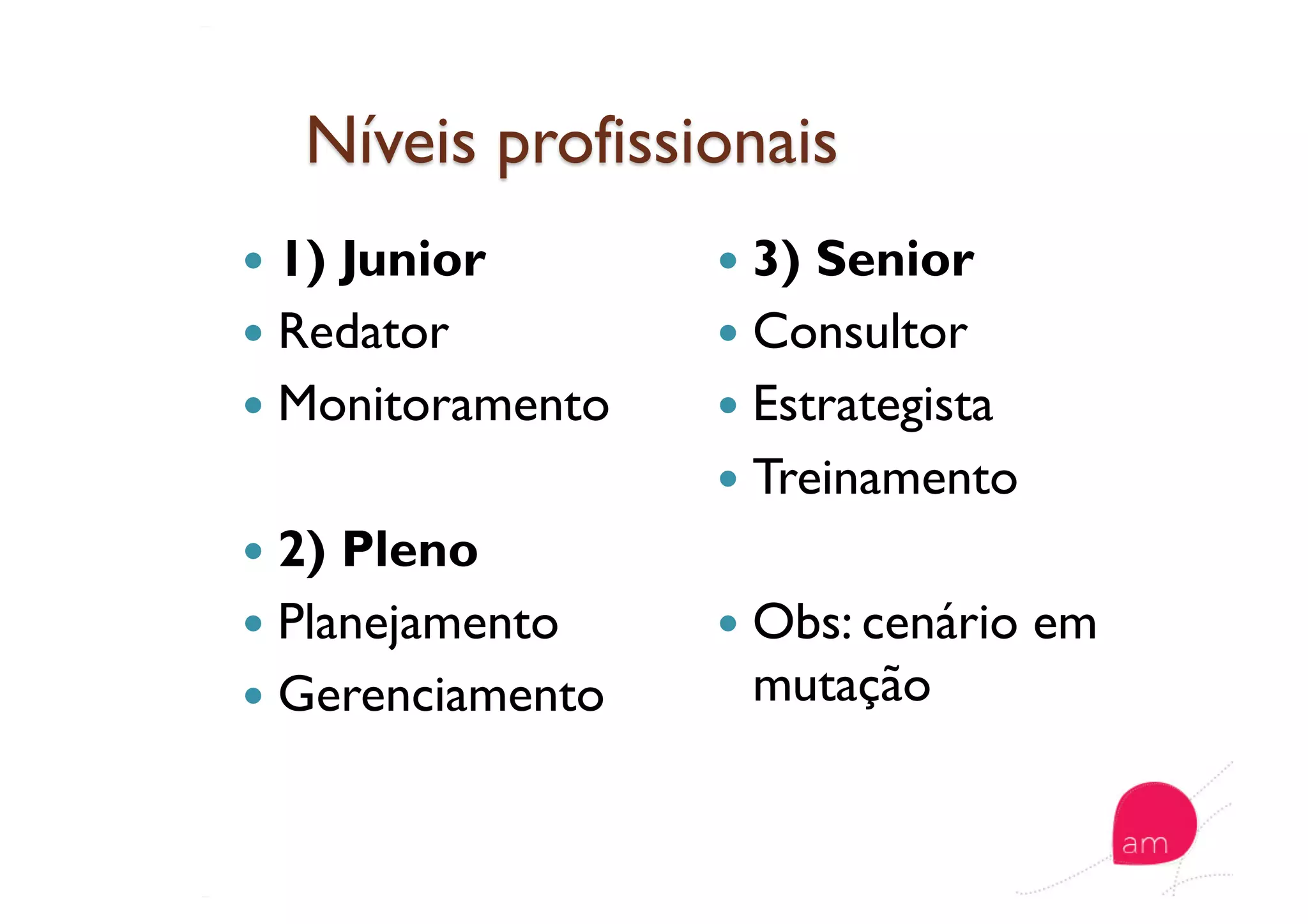  1) Junior
  Redator
  Monitoramento
  2) Pleno
  Planejamento
  Gerenciamento
  3) Senior
  Consultor
  Estrategista
  Treinamento
  Obs: cenário em
mutação
 