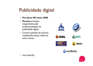   Fim Anos 90/ Início 2000
  Portais: principais
responsáveis pela
profissionalização da
publicidade digital.
  Criaram padrões de anúncio,
modelos/formatos, mídia kit,
entre outros.
  Fonte: PaperCliq
 