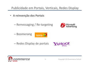 Publicidade em Portais, Verticais, Redes Display
• A reinvenção dos Portais
– Remessaging / Re-targeting
– Boomerang
Copyright (®) Ecommerce School
11
– Boomerang
– Redes Display de portais
 