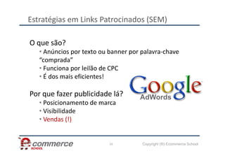Estratégias em Links Patrocinados (SEM)
O que são?
• Anúncios por texto ou banner por palavra-chave
“comprada”
• Funciona por leilão de CPC
• É dos mais eficientes!
Copyright (®) Ecommerce School
19
• É dos mais eficientes!
Por que fazer publicidade lá?
• Posicionamento de marca
• Visibilidade
• Vendas (!)
 