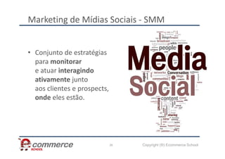 Marketing de Mídias Sociais - SMM
• Conjunto de estratégias
para monitorar
e atuar interagindo
ativamente junto
Copyright (®) Ecommerce School
26
ativamente junto
aos clientes e prospects,
onde eles estão.
 