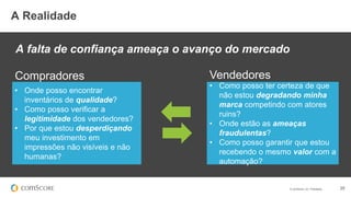 © comScore, Inc. Proprietary. 20
A Realidade
Compradores Vendedores
• Onde posso encontrar
inventários de qualidade?
• Como posso verificar a
legitimidade dos vendedores?
• Por que estou desperdiçando
meu investimento em
impressões não visíveis e não
humanas?
• Como posso ter certeza de que
não estou degradando minha
marca competindo com atores
ruins?
• Onde estão as ameaças
fraudulentas?
• Como posso garantir que estou
recebendo o mesmo valor com a
automação?
A falta de confiança ameaça o avanço do mercado
 