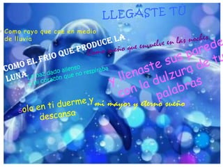 AÑTES DE CONOCERTEsin timón, perdida por la vida caminaba recordando Era una barca sin brújula ycreí que la tristeza por siempreva a invadirHasta que llegaste tú sanaste mis heridaseres como un ángel que Dios me envió,y recuperaste mi fe perdida
