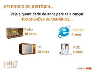 UM POUCO DE HISTÓRIA...
   Veja a quantidade de anos para se alcançar
          100 MILHÕES DE USUÁRIOS...

          Rádio                       Internet
          38 anos                     4 anos


                    TV                IPOD
                    13 anos           3 anos



                                         Avançar
 