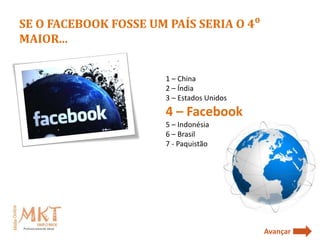 SE O FACEBOOK FOSSE UM PAÍS SERIA O 4⁰
MAIOR...


                       1 – China
                       2 – Índia
                       3 – Estados Unidos
                       4 – Facebook
                       5 – Indonésia
                       6 – Brasil
                       7 - Paquistão




                                            Avançar
 