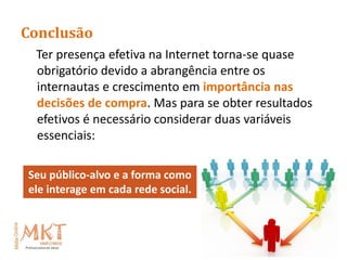 Conclusão
 Ter presença efetiva na Internet torna-se quase
 obrigatório devido a abrangência entre os
 internautas e crescimento em importância nas
 decisões de compra. Mas para se obter resultados
 efetivos é necessário considerar duas variáveis
 essenciais:

Seu público-alvo e a forma como
ele interage em cada rede social.
 