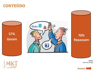 CONTEÚDO




  57%        70%
 Geram     Repassam




                          Fontes:
                Ibobe Net Ratings



            Avançar
 